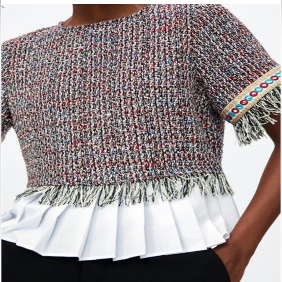 Zara lightweight tweed fringe pleated peplum top XS - Picture 3 of 6